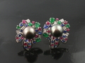 Gold Black Pearl, Ruby, Sapphire, Emerald, Diamond Earrings with 18 K White Gold